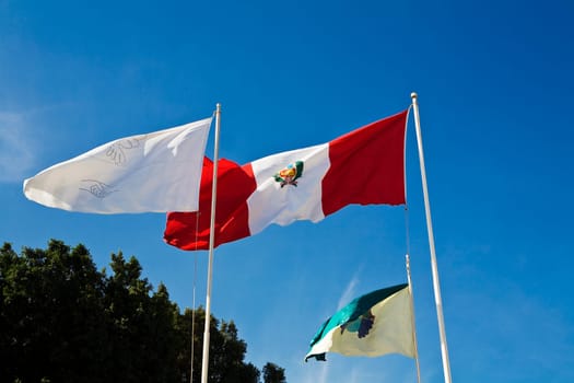 Low angle view of flags fluttering, Plaza-De-Armas, Pisco, Ica Region, Peru