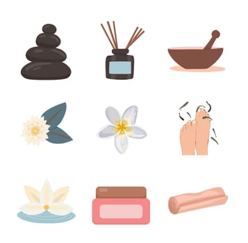 Set of flat vector illustrations of spa service. Items for spa treatments. Wellness center package of procedures and equipment. Hot stone massage, foot bath and green tea. Aromatherapy and fish peelin