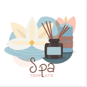 Relaxing spa set on white background, close up. Cosmetics advertising illustration, simple and healthy skin care concept, product layout. Advertising poster for a spa salon.