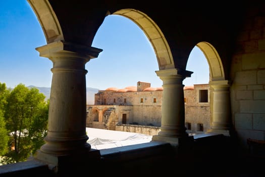 Art museum viewed through an arcade, Santo Domingo, Oaxaca, Oaxaca State, Mexico