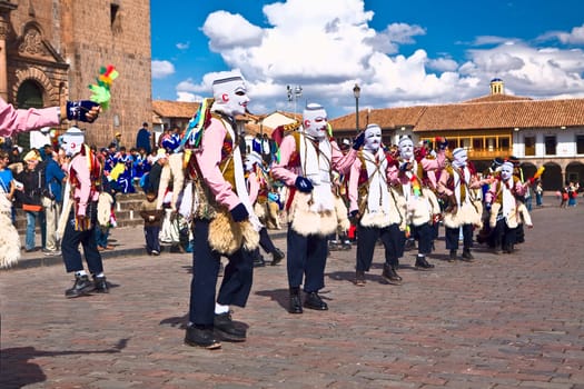 Group of people wearing traditional costume in a festival, Peru