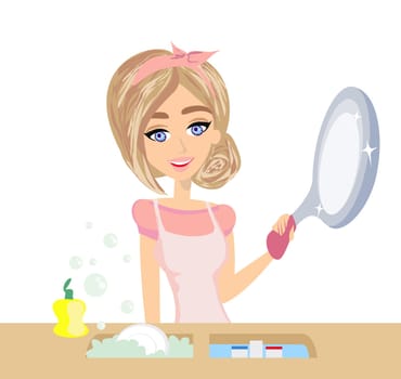 housewife washing the dishes - illustration isolated from background