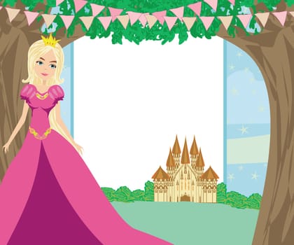 Beautiful queen in front of her castle card