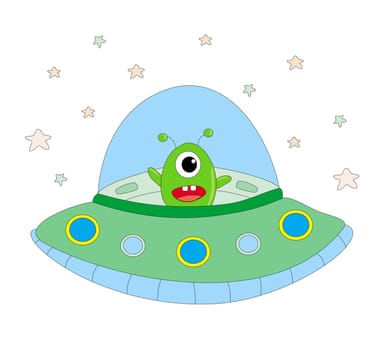 funny alien in a spaceship - isolated illustration