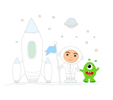 cute boy astronaut and alien - funny isolated illustration