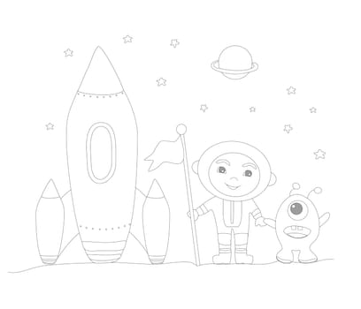 cute boy astronaut and alien - funny coloring book