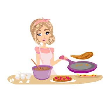 beautiful housewife prepares pancakes on the hot pan