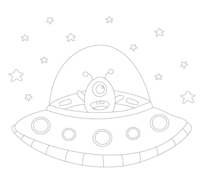 funny alien in a spaceship - coloring book