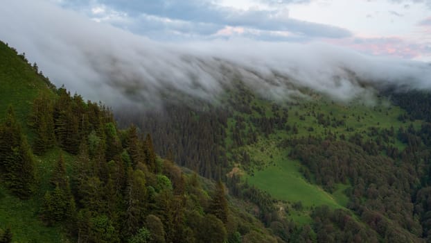Summer nature scenery with clouds low above hill at dawn. Mountain landscape with green forests growing on slopes from wide angle view. Sky above wilderness in the morning.