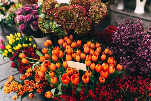 Different flowers in a shop show window with blank price tags. High quality photo