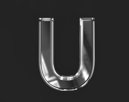 White shiny glass made crystal alphabet - letter U isolated on dark background, 3D illustration of symbols