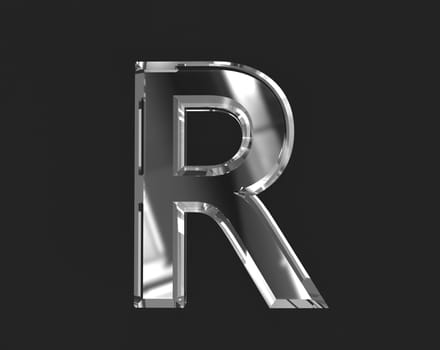 White shine glass made crystal alphabet - letter R isolated on dark, 3D illustration of symbols
