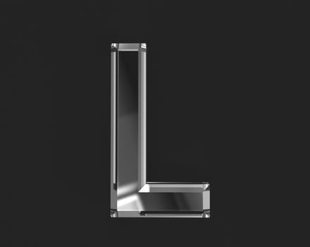 White shine glass made transparent alphabet - letter L isolated on dark background, 3D illustration of symbols