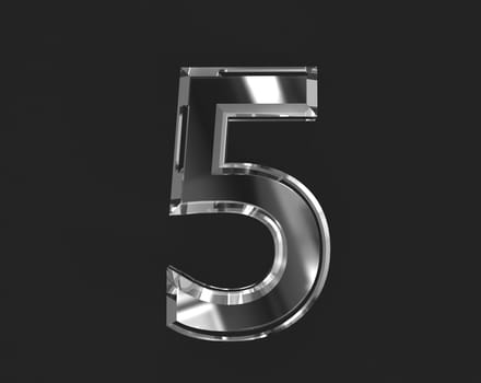 White glossy reflective transparent alphabet - number 5 isolated on dark, 3D illustration of symbols