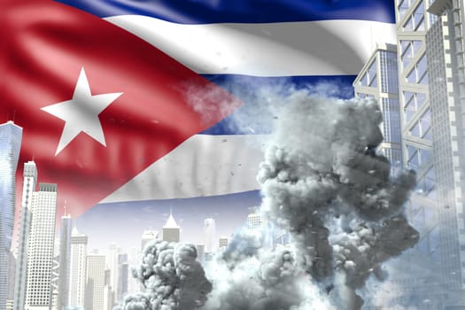big smoke pillar in the modern city - concept of industrial disaster or terroristic act on Cuba flag background, industrial 3D illustration