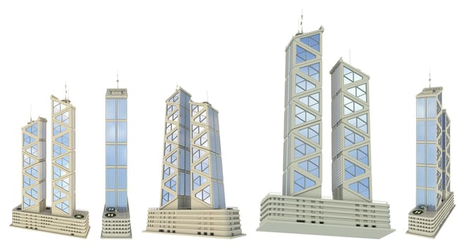 5 various angles views renders of fictional design financial buildings with two towers with sky reflections - isolated on white, 3d illustration of architecture