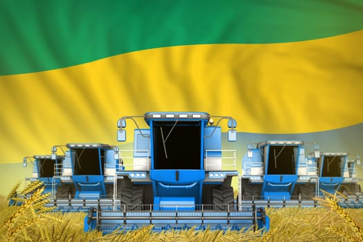 a lot of blue farming combine harvesters on rural field with Gabon flag background - front view, stop starving concept - industrial 3D illustration