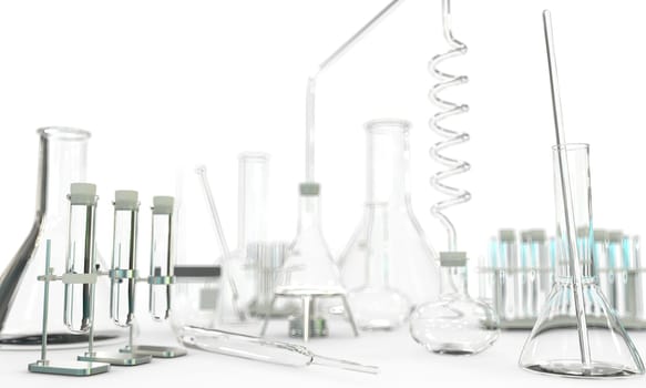 lab test-tubes and other science glassware empty on white background - study concept, 3D illustration of objects