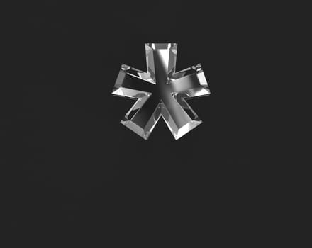 White shine reflective transparent alphabet - asterisk isolated on dark background, 3D illustration of symbols