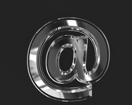 White shiny reflective crystal font - at sign isolated on dark, 3D illustration of symbols