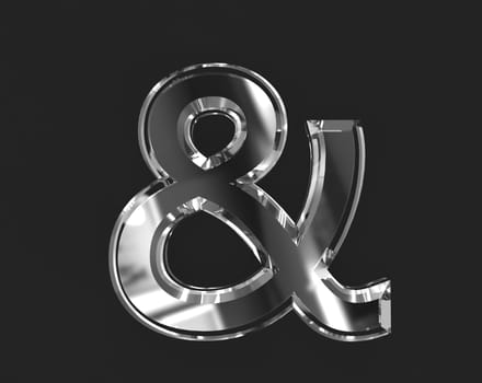 White glossy reflective clear alphabet - ampersand isolated on dark background, 3D illustration of symbols