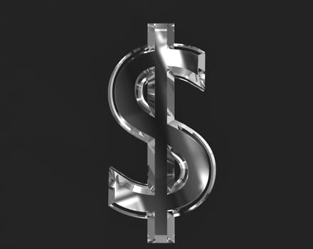 White polished glass made clear font - dollar - peso sign isolated on dark, 3D illustration of symbols