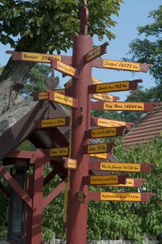 PREROW, GERMANY - July 31, 2018:..Signpost, Ostseebad Prerow, Mecklenburg-West Pomerania, Germany