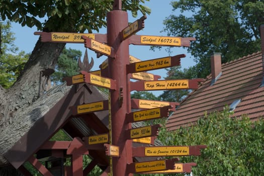 PREROW, GERMANY - July 31, 2018:..Signpost, Ostseebad Prerow, Mecklenburg-West Pomerania, Germany