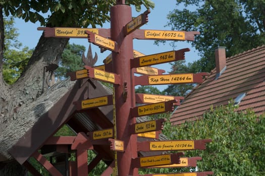 PREROW, GERMANY - July 31, 2018:..Signpost, Ostseebad Prerow, Mecklenburg-West Pomerania, Germany