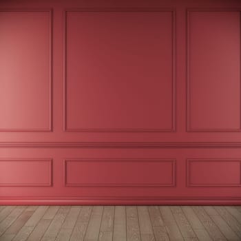 empty red room with wooden floor. classic wall style interior design, 3d rendering