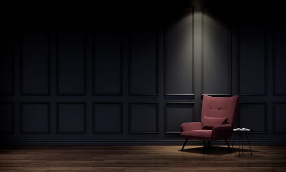 Living room interior in classic modern style, black wall and wood floor. 3d render