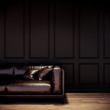Living room interior in classic modern style, black wall and wood floor. 3d render