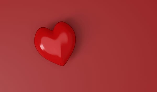 Valentine's day concept. Red heart on red background with copy space. 3d render
