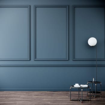 interior design of a room with furniture on blue-gray wall background. 3d rendering