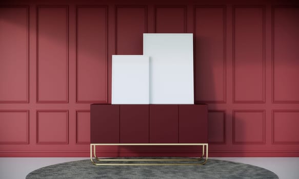 Blank picture frames mock up in red color room interior, 3d rendering