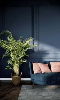 The interior has a green sofa and tree on empty blue-gray wall background. 3d rendering