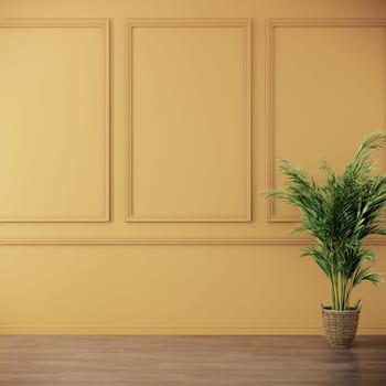 The interior has a tree on empty yellow wall background. 3d rendering