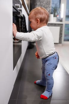 Little child playing with electric stove in kitchen