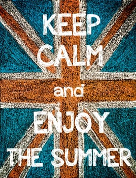 Keep Calm and Enjoy the Summer. United Kingdom (British Union jack) flag, vintage hand drawing with chalk on blackboard, humor concept image