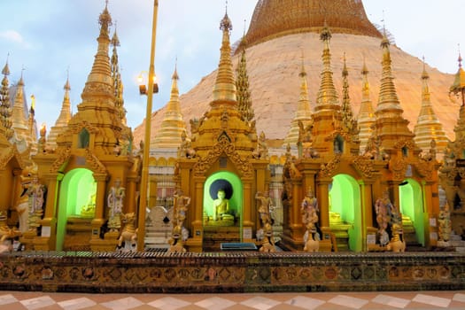 Schwedagon Pagoda at night time, most important Buddhist temple in Burma - Myanmar