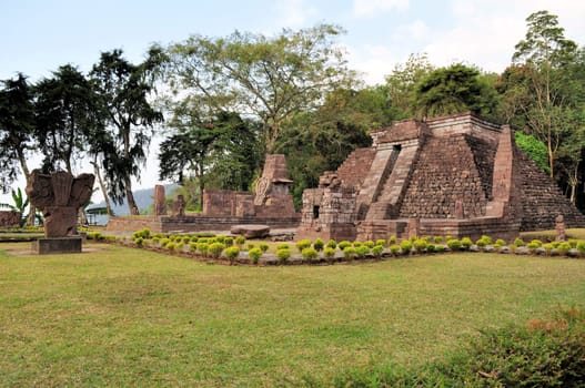 Candi Sukuh Hindu temple is an ancient temple looking like a Mayan pyramid near Solokarta, Java, Indonesia