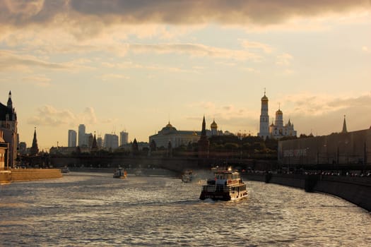 The Moscow Kremlin and Moscow river. Kremlin embankment in Moscow, Russia