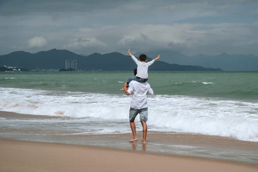back of dad with a child boy son on shoulders walking along the beach by sea in summer on vacation