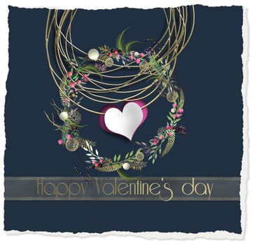 Elegant Happy valentine day card. Gold frame heart, floral wreath on blue background. Text Happy Valentine's day. 3D render. Luxury Valentines Day poster Invitation template