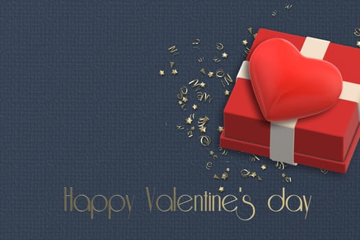 Valentine's day gift box red heart over blue background. Gold text Happy Valentine's day with heart. 3D render