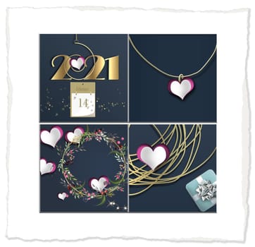 Vintage 2021 Valentines collage of hearts, digit 2021, gift box. Soft focus. 3D illustrartion