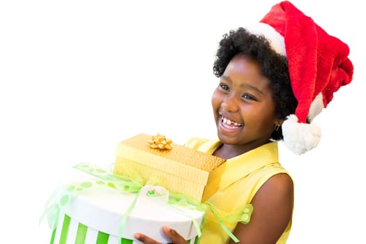 Close up portrait of happy little afro american girl wearing christmas hat, Kid holding christmas gifts isolated on white background.
