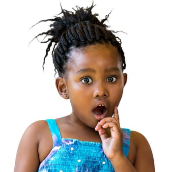 Close up portrait of little african girl with surprising face expression.Kid with open mount and one hand on cheek isolated on white background.