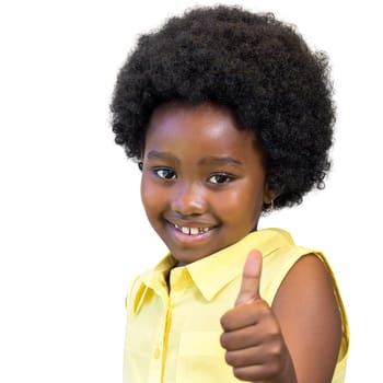 Close up portrait of little african girl with afro hairstyle doing thumbs up. Isolated on white background.