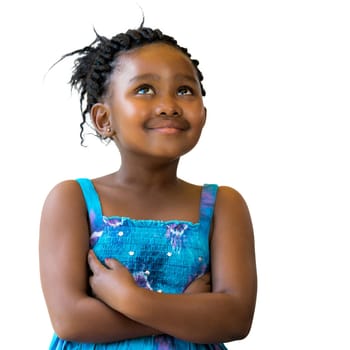 Close up portrait of cute african girl with braided hairstyle looking up.Isolated on white background.